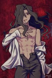 abs bare_pectorals bare_shoulders black_hair black_pants buttoned_cuffs buttons collar collarbone collared_shirt dress_shirt highres isurugiratone long_hair looking_at_viewer male_focus melty_blood michael_roa_valdamjong muscular_male no_nipples open_clothes open_hand open_mouth open_shirt pants pectorals red_eyes shirt solo tsukihime