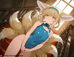 ai_generated animal_ears arknights athletic_leotard blonde_hair flat_chest green_eyes handjob rolling_eyes stairs suzuran_(arknights) tail