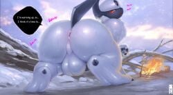 2025 absol absurd_res alternate_version_at_source anus ass backsack balls barely_visible_genitalia barely_visible_penis big_butt blush bodily_fluids body_blush bubble_butt butt_blush campfire dialogue feral feral_only fur generation_3_pokemon genitals hi_res imminent_sex looking_at_viewer looking_back looking_back_at_viewer male male_only nezirozi nintendo outside pawpads penis perineum pokemon pokemon_(species) presenting presenting_anus presenting_hindquarters pupils raised_tail rear_view red_eyes slit_pupils snow solo speech_bubble standing sweat sweaty_balls sweaty_butt sweaty_genitalia tail talking_feral text translated white_body white_fur