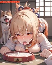 1girls ai_generated all_fours artifical_art blonde_female blonde_hair cum_on_body cum_on_face dripping_cum dripping_semen genshin_impact girl hair_ornament licking_cum licking_semen medium_hair open_mouth orange_eyes perfect_body red_choker semen_on_body semen_on_face tongue_out yoimiya_(genshin_impact)