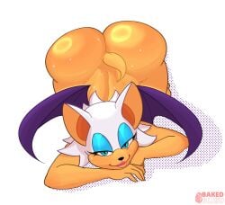 anthro ass bakedalisu bat bedroom_eyes big_butt bodily_fluids eyelashes eyeliner eyeshadow female hi_res humanoid looking_at_viewer lying makeup mammal narrowed_eyes on_front presenting presenting_hindquarters rouge_the_bat seductive sega short_tail solo sonic_(series) sonic_the_hedgehog_(series) sweat sweatdrop tail thick_thighs wings