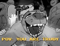 2025 anthro bodily_fluids canid canine canis dialogue domestic_dog drooling drooling_on_partner english_text eyewear fangs female female_penetrated female_pov first_person_view from_front_position genitals glasses hi_res humanoid_genitalia humanoid_penis lagomorph leporid looking_pleasured lying male male/female male_penetrating male_penetrating_female mammal missionary_position on_back penetration penile penile_penetration penis penis_in_pussy queue rabbit receiving_pov running_a_train saliva sex spincraze spot_color submissive submissive_pov taking_turns teeth text trudy_(spincraze) vaginal_penetration vaginal_penetration waiting