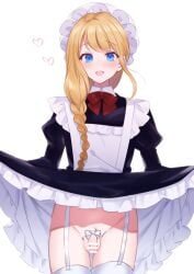 1boy 2025 balls blonde_hair blue_eyes blush censored clothes_lift cute_male cute_penis dress_lift exposed_penis flaccid flaccid_penis heart high_quality highres maid_headdress maid_uniform no_underwear open_mouth ribbon small_penis smiling soft_penis testicles thighhighs tip