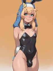 1boy 1dickgirl ai_generated androgyne_symbol big_thighs blonde_hair bowtie bowtie_collar bridget bulge bulge_through_clothing bunny_costume bunny_tail bunnysuit clothed clothing collar cyan_eyes dickgirl fake_animal_ears fake_rabbit_ears femboy front_view girly guilty_gear hands_behind_back hood hood_up latex latex_clothing latex_suit looking_at_viewer penis_bulge standing thick_thighs trans_woman