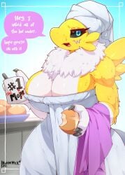 1girls 2024 after_shower anthro big_breasts black_sclera blue_eyes bread bunnemilk cup dialogue digimon digimon_(species) english_text female female_only fur furry looking_at_viewer renamon solo speech_bubble talking_to_viewer towel towel_on_head very_high_resolution wet_fur wide_hips