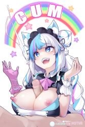 1boy :d animal_ear_fluff animal_ears ascot blue_eyes blue_hair breasts breasts_out commission cum ejaculation female gloves highres hot_vr hotvr indie_virtual_youtuber large_breasts large_penis maid_headdress multicolored_hair nipples open_hands open_mouth paizuri paizuri_under_clothes penis projectile_cum rainbow seanvr single_glove smile solo_focus spongebob_squarepants star_(symbol) straight streaked_hair uncensored virtual_youtuber white_hair