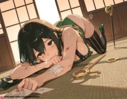 ai_generated ass_up asui_tsuyu blood cane green_eyes key large_breasts my_hero_academia scars steaming_body tatami tears tsuyu_asui wand wounded