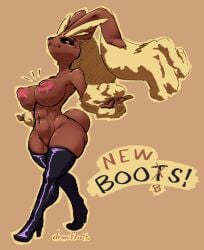 2019 anthro anthrofied big_breasts biped black_sclera boots boots_only breasts clothing female footwear footwear_only generation_4_pokemon high_heeled_boots high_heels honhearthy lagomorph legwear long_ears looking_at_viewer lopunny mammal mostly_nude nintendo nipples pink_eyes pokemon pokemon_(species) pokemorph shoes smile smug solo thick_thighs thigh_boots thigh_highs walking