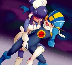 1boy 1girls boots cleavage clothed clothed_female clothed_male crotch_rub doryu0 femdom hair_buns helm malesub meddy.exe mega_man mega_man_battle_network megaman.exe nurse_cap purple_hair sidelocks visor