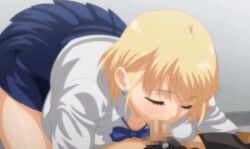 1boy 2022 20s animated animated blonde_hair blue_bow blue_bowtie bow bowtie closed_eyes earrings fellatio female female fujimaki_tatsuya hajimete_no_hitozuma jewelry kawai_satomi oral penis school_roof school_uniform straight tagme