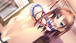 1girls areolae arms_behind_back barefoot bent_over bikini bikini_aside bikini_lift blue_eyes blush bondage breasts brown_hair censored crotch_rope dutch_angle feet female frilled_bikini frills game_cg guardian_place highres indoors legs long_hair looking_down nipples ootori_aoi open_mouth polka_dot polka_dot_bikini polka_dot_swimsuit pussy rope small_breasts solo suspension swimsuit tears tied_hair tiptoes toes tsurugi_hagane twintails very_long_hair