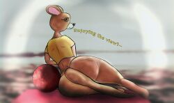 absurd_res anthro ball beach beach_ball blurred_background brown_body brown_eyes bruhman2098_(artist) clothing female hi_res inflatable kangaroo lying macropod mammal marsupial on_side ruby_the_roo shirt solo t-shirt thick_thighs topwear yellow_clothing