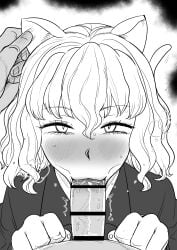 1boy 1boy1girl 1girls :>= black_and_white blush blush blushing_at_viewer cat_ears cat_tail catgirl clothed clothed_sex clothing ear_rub faceless_male fellatio fellatio_pov female female_focus greyscale hunter_x_hunter japanese_text kaiman_garupan looking_at_viewer monochrome neferpitou oral oral_sex pov pov_blowjob pov_eye_contact pov_male rubbing_ears sex tail