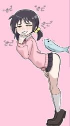 1girls bent_over black_hair blush female female_focus female_only fish hair_ornament japanese_text kaai_yuki light_skin petite skirt smile vocaloid zako_(vocaloid) zlix0n