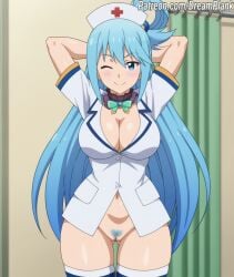 aqua_(konosuba) dreamplank nurse_uniform pussy staring_at_viewer wink