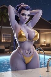 1female 3d ai_generated amelie_lacroix big_breasts big_hips bikini bikini_top blizzard_entertainment blue_hair blue_skin breasts curvy curvy_figure female front_view huge_breasts huge_thighs long_hair looking_at_viewer mature_female mature_woman nipples overwatch overwatch_2 pony_diffusion_xl secret_room12 shiny_skin stable_diffusion standing tattoo video_game video_game_character video_games wet wet_body wide_hips widowmaker yellow_eyes