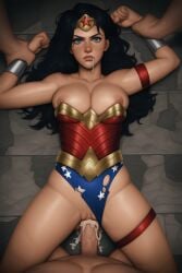 2boys ai_generated annoyed annoyed_expression arms_held_up arms_pinned cum cum_in_mouth cum_in_pussy cum_inside cum_leaking_out_of_mouth defeated defeated_heroine exposed_breasts held_down laying_on_back looking_at_viewer nipple_slip novelai pov ripped_leotard wonder_woman