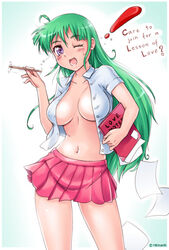 ! ahoge blush book breasts covered_nipples english female green_hair hitmann long_hair looking_at_viewer navel no_bra open_clothes open_mouth open_shirt original paper pencil pink_skirt purple_eyes school_uniform skirt smile solo sparkle standing white_shirt wink