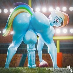 anthro bent_over big_penis equid equine football_(disambiguation) football_player friendship_is_magic genitals grass gynomorph hanging_penis hasbro hi_res horse huge_cock intersex looking_at_viewer mammal my_little_pony penis plant pony public public_nudity rainbow_dash_(mlp) screwingwithsfm solo