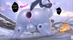 2025 absol absurd_res alternate_version_at_source anal anal_sex anus ass backsack balls barely_visible_genitalia barely_visible_penis big_butt blush bodily_fluids body_blush bubble_butt butt_blush campfire dialogue feral from_behind_position fur gaping gaping_anus generation_3_pokemon genitals hi_res looking_at_viewer looking_back looking_back_at_viewer looking_pleasured male male/male moan nezirozi nintendo outside pawpads penetration penis perineum pokemon pokemon_(species) pupils raised_tail rear_view red_eyes sex slit_pupils snow solo speech_bubble standing sweat sweaty_balls sweaty_butt sweaty_genitalia tail talking_feral text tongue translated white_body white_fur