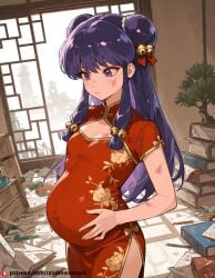 ai_generated bangs beautfiul_background bell breasts bruised china_dress chinese_clothes double_bun drenched_in_rain dress fear flat_chest flowing_hair hair_bell hair_bun hair_ornament long_hair messy_room pregnant purple_eyes purple_hair shampoo_(ranma_1/2) sidelocks stunning_backgroud