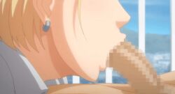 1boy 2022 20s animated animated blonde_hair blue_bow blue_bowtie blue_sky bow bowtie earrings fellatio female female fujimaki_tatsuya hajimete_no_hitozuma jewelry kawai_satomi oral penis rooftop school_roof school_uniform sky straight tagme