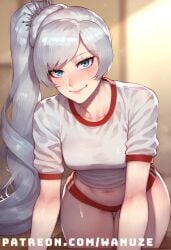 ai_generated all_fours blue_eyes blush gym gym_uniform rwby scar small_breasts smile wanuze weiss_schnee white_hair wide_hips