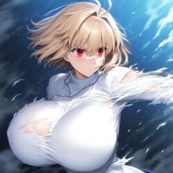 ahoge ai_generated arcueid_brunestud big_breasts blonde_hair blushing breast_focus breasts_bigger_than_head enormous_breasts huge_breasts large_breasts melty_blood necklace red_eyes short_hair sweatdrop sweater torn torn_clothes torn_clothing torn_sweater tsukihime type-moon upper_body white_sweater