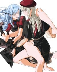 2girls artist_request ascot bang_dream! bang_dream!_it's_mygo!!!!! barefoot beret black_ascot black_capelet black_corset black_gloves black_ribbon black_skirt blue_hair blush bottomless breasts capelet commentary commission corset futa_with_female futanari gloves green_hair hair_ribbon hat highres long_hair long_sleeves medium_breasts mortis_(bang_dream!) multiple_girls nipples oblivionis_(bang_dream!) open_mouth red_hat red_shirt ribbon second-party_source sex shirt short_sleeves simple_background skirt togawa_sakiko wakaba_mutsumi white_background yellow_eyes