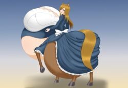 1girls back_view belly belly_bigger_than_body bloated_belly blue_eyes breasts breasts_bigger_than_head brown_hair bursting_breasts button_down_shirt buttons centaur centaur_girl cleavage clothed clothing equid_taur female female_focus gigantic_belly gigantic_breasts gradient_background horse_ears horse_tail hyper hyper_belly hyper_breasts hyper_pregnancy long_hair looking_at_viewer looking_back original original_character pregnant pregnant_female ready_to_pop ribbon round_belly simple_background someone_else's_oc stretched_clothing taur timaeus