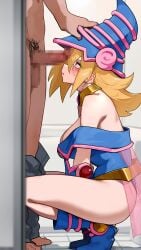 1boy 1boy1girl 1girls bathroom big_breasts blonde_hair blush boots censored censored_penis cute dark_magician_girl duel_monster female female_focus green_eyes hair_between_eyes hat hi_res high_resolution highres hizake huge_breasts imminent_oral imminent_sex kashu_(hizake) large_breasts light-skinned_female light_skin long_hair looking_at_partner mosaic_censoring open_eyes penis_on_face shounen_jump squatting witch witch_hat yu-gi-oh!