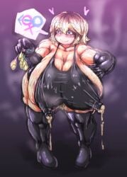 areola_slip black_tank_top blonde_hair blush chubby_female cookie_(touhou) elbow_gloves fake_meguru_(cookie) female_symbol holding_condom lactation lactation_through_clothes male_symbol marisa_kirisame massive_breasts meguru_(cookie) muscular nipple_bulge pubic_hair_peek short_hair smile sweat tagme text_bubble thighhighs tight_clothing touhou