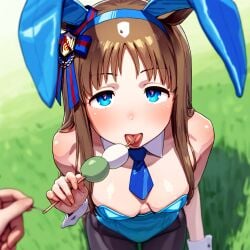 ai_generated animal_ears blue_eyes bunnysuit cleavage eating female grass_wonder_(umamusume) hair_accessory horse_girl light_brown_hair long_hair markings_on_head umamusume umamusume_pretty_derby