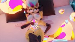 16:9 3d_(artwork) 4_arms absurd_res anthro arthropod bed bee blender_(artwork) blender_cycles blue_hair breasts canid canine claws digital_media_(artwork) female fingerless_(marking) fingerless_gloves_(marking) fluffy fox fur furniture gian800 gloves_(marking) hair hand_on_belly hand_on_breast hand_on_pussy hands_behind_head helluva_boss hi_res hybrid hymenopteran insect_wings insects looking_at_viewer lying mammal markings multi_arm multi_limb nipples on_back pink_eyes queen_bee-lzebub_(helluva_boss) smile solo tail widescreen wings yellow_body yellow_fur