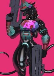 alternative_fashion anthro balls cyberpunk english_text genitals glistening glistening_body gun hi_res holding_gun holding_object holding_ranged_weapon holding_weapon idrysse3 male nude penis pink_background punk ranged_weapon robot_anthro simple_background solo text weapon