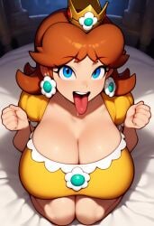 ai_generated bedroom begging blue_eyes brown_hair cleavage drooling gigantic_breasts huge_breasts lubbasdump on_knees princess princess_daisy super_mario_bros. tongue tongue_out