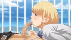 1boy 2022 20s animated animated blonde_hair blue_bow blue_bowtie blue_eyes bow bowtie earrings fellatio female female fujimaki_tatsuya hajimete_no_hitozuma jewelry kawai_satomi licking licking_penis licking_penis_tip oral penis school_roof school_uniform sky straight tongue tongue_out