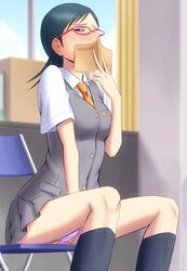 black_hair blue_eyes bonnie_(rsg) book book_covering_mouth chair covered_mouth dress_shirt female glasses hand_in_panties indoors kotozuka_fumie masturbation necktie panties pink_panties school_uniform shirt short_hair short_sleeves sitting skirt socks sora_no_manimani sweat underwear vest