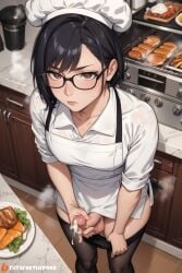 1futa ai_generated balls black_hair brown_eyes cum cumming dickgirl erection femboy food futaforthepoor futanari glasses kitchen penis semen short_hair steam tights tomgirl uncensored