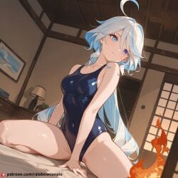 1girls ai_generated blue_eyes blue_hair blue_swimsuit female fire furina_(genshin_impact) genshin_impact japanese_style_room medium_breasts one-piece_swimsuit swimsuit