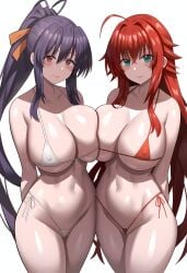 2girls ahoge akeno_himejima antenna_hair big_breasts bikini black_hair blush breast_to_breast couple crimson_hair erect_nipples_under_bra female_only hair_ribbon high_school_dxd lesbian light_skin orange_ribbon ponytail rias_gremory sky_blue_eyes smile very_long_hair violet_eyes voluptuous yuri