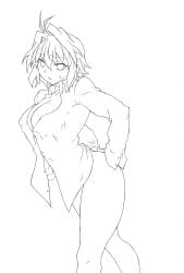 ahoge arcueid_brunestud big_breasts breasts collared_shirt cuffs_(clothing) curvy curvy_figure enormous_breasts flustered hands_on_hips huge_breasts large_breasts line_art looking_at_viewer melty_blood no_bottoms no_pants shirt_only short_hair simple_background smile sweatdrop tententensan tsukihime type-moon wide_hips