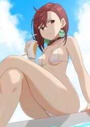 1girls ayase_momo bikini brown_eyes brown_hair choker cup dandadan drink earrings female holding_object pool see-through see-through_clothing short_hair sirokohi solo solo_female wet wet_body white_bikini