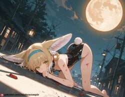 ai_generated beautfiul_background bent_over bruised bunnysuit confused flat_chest flickering_streetlights full_moon mist-covered_ground scars stunning_backgroud suzuran_(arknights) wounded