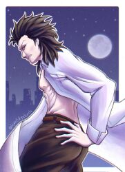 1boy abs annoyed ass ass_focus bare_pectorals belt black_hair black_pants brown_belt city collared_shirt floating_clothes hair_slicked_back hands_on_own_hips highres looking_at_viewer looking_back loveedgylords male_focus melty_blood michael_roa_valdamjong moon night night_sky nipples open_clothes open_shirt pants pectorals red_eyes sharp_teeth shirt sky sleeve_cuffs star_(sky) starry_sky teeth tsukihime type-moon white_shirt