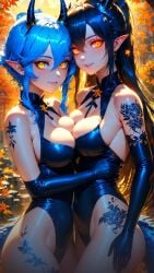 ai_generated autumn blue_hair breast_docking clothes dragon_girl dragon_horns forest_background holding_person hourglass_figure leafs_falling long_gloves looking_at_viewer orange_eyes sisters smiling_at_viewer tattoos teeth_showing