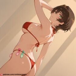 ahoge ai_generated ass bikini breasts brown_hair bruised condom_belt crying detective_conan green_eyes large_breasts looking_back masumi_sera messy_hair short_hair