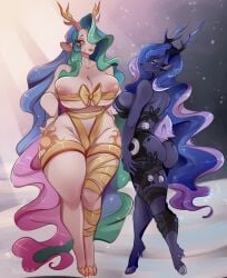 2022 alternate_species anthro anthrofied ass big_breasts blue_body blue_eyes breasts bunnywhiskerz clothed clothing cosmic_hair cutie_mark deer duo ethereal_hair female friendship_is_magic hasbro hi_res hooves long_hair mammal multicolored_hair my_little_pony new_world_deer nipples princess_celestia_(mlp) princess_luna_(mlp) purple_eyes rear_view reindeer ribbons scut_tail short_tail sibling sister sisters skimpy tail thick_thighs underhoof white_body wide_hips