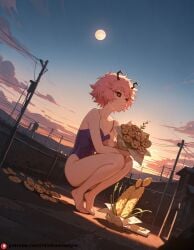 ai_generated black_sclera bouquet cookie feet flat_chest full_moon mina_ashido my_hero_academia one-piece_swimsuit pink_hair squatting sunset_glow swimsuit toes yellow_eyes