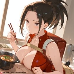 ai_generated backpack buttjob chart chopsticks huge_breasts pot pov smile sweat sweat_on_forehead yaoyorozu_momo